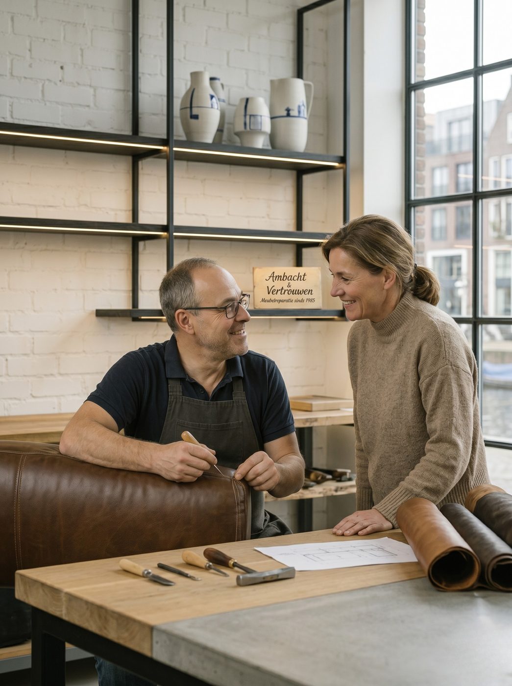 Vakman en klant bespreken een meubelreparatie in de werkplaats